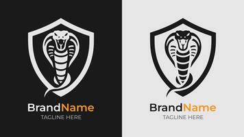 A simple black and white silhouette logo of an angry front-facing king cobra, mouth open showing fangs and protruding tongue, within a shield vector