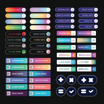 Set of modern material style buttons. Different gradient colors and icons on white forms with shadows.