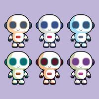 Set of cute white robots. Cyber characters with lightning bolts, cross sign, tick, box in hands and adjustment cogs. Artificial intelligence. Cartoon flat collection isolated on blue background vector