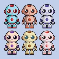 Set of cute white robots. Cyber characters with lightning bolts, cross sign, tick, box in hands and adjustment cogs. Artificial intelligence. Cartoon flat collection isolated on blue background vector