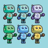Set of cute white robots. Cyber characters with lightning bolts, cross sign, tick, box in hands and adjustment cogs. Artificial intelligence. Cartoon flat collection isolated on blue background vector