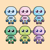 Set of cute white robots. Cyber characters with lightning bolts, cross sign, tick, box in hands and adjustment cogs. Artificial intelligence. Cartoon flat collection isolated on blue background vector