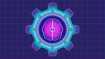 illustration of Artificial Intelligence in neon color, featuring a gears, brain with CPU and electrical circuit as graphic elements. This is suitable for topics related vector
