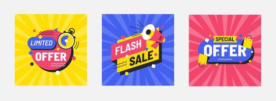 Square sales promotion banner collection design with megaphone, timer, and shopping bag icons. vector