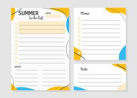 Template of summer to do list, note, memo in yellow and blue colors. Illustration for agenda, planners, checklists, notebooks, cards and other stationery. Layout in A5. vector