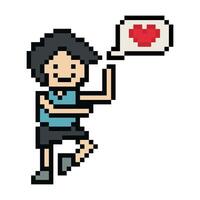 Cute pixel cartoon 8bit character man exercises training dance lifestyle music decoration life style 8 bit male boy dance with music game fitness isolated. vector