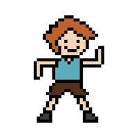 Cute pixel cartoon 8bit character man exercises training dance lifestyle music decoration life style 8 bit male boy dance with music game fitness isolated. vector