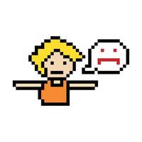 Cute pixel cartoon 8bit character man reject say no or deny stop decoration disapproval 8 bit male boy disagreement with game fitness isolated. vector