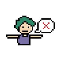 Cute pixel cartoon 8bit character man reject say no or deny stop decoration disapproval 8 bit male boy disagreement with game fitness isolated. vector
