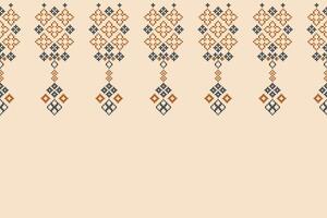 Traditional ethnic motifs ikat geometric fabric pattern cross stitch.Ikat embroidery Ethnic oriental Pixel brown cream background. Abstract,,illustration. Texture,scarf,decoration,wallpaper. vector