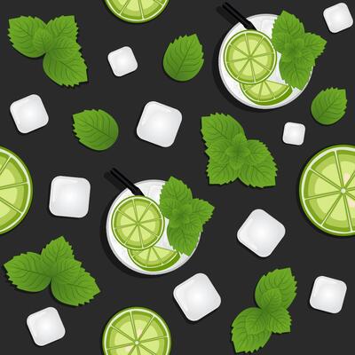 Seamless pattern with mojito, lime and mint. White, green and black colors.