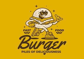 Burger, pile of deliciousness. Retro mascot character illustration of burger in running pose vector