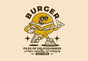 Burger, pile of deliciousness. Retro mascot character illustration of burger in running pose vector