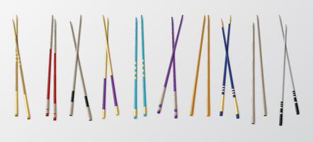 Realistic Food Chopsticks Set Different Types. illustration of Traditional Asian Bamboo Utensils Color Chopstick. illustration vector