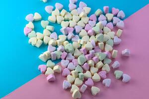 Close up of colorful heart shaped candies in filled frame format, Valentine's day concept photo