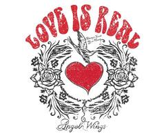 Heart with bird. Love is real. Heart with eagle wing artwork for apparel, stickers, posters, background and others. Flower print design. vector