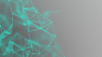 Turquoise plexus. Binding gray background. Looped abstract neon network connections, neural networks. Blue dots connected by lines move chaotically on a gray background. Chemical formula, futuristic video