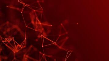 Looped red plexus effect. Abstract connection of dots and lines on a red background. Red particles and polygons slowly fly, futuristic interweaving of digital data. Neural networks. Intersection video