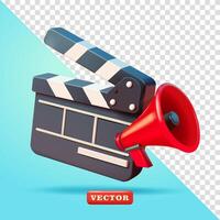 Clapper board dan filem direktur megafon, 3d. Suitable for cinema and design elements vector