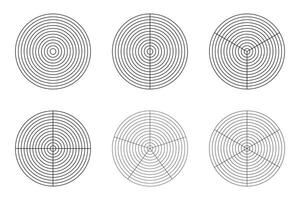 Circle diagram, life style balance. Coaching tool for visualizing all areas of life. Wheel division on equal parts template set. Polar grid, segments, concentric circles. Blank of polar graph paper. vector