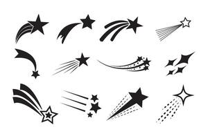 Shooting stars icon set. Flying and falling stars comet with tail. Abstract fantasy galaxy element. Shooting stars silhouette isolated from background. vector