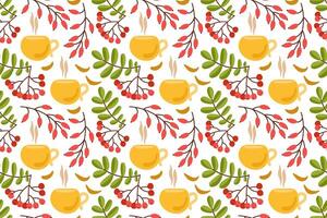 Autumn Tea Pattern With Berries and Leaves vector