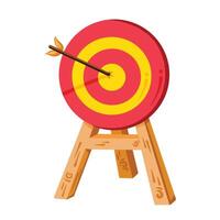 Red and yellow colored wooden target stand with bullseye arrow illustration isolated on square white background. Simple flat cartoon art styled drawing. vector