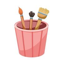 Three paint brushes in pink colored cup or glass container illustration isolated on square white background. Simple flat art tools object with cartoon art styled drawing. vector