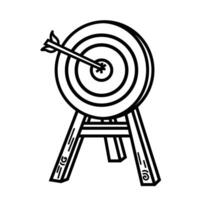 Wooden target stand with bullseye arrow icon illustration with black outline isolated on square white background. Simple flat cartoon art styled drawing. vector