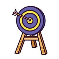 Blue and yellow wooden target stand with bullseye arrow colorful icon illustration with outline isolated on square white background. Simple flat cartoon art styled drawing. vector