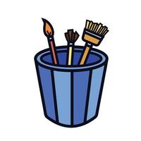 Three paint brushes in blue cup or glass container icon illustration with outline isolated on square white background. Simple flat art tools object with cartoon art styled drawing. vector