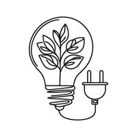 Green energy icon in continuous line art drawing style. Plant inside light bulb with power plug on white background vector