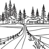 Rural landscape in continuous line art drawing style. Country road going to village house in spruce forest black linear sketch isolated on white background vector