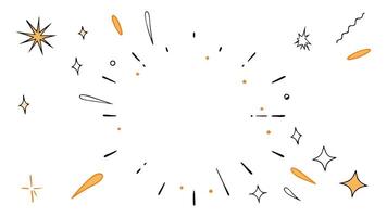 Doodle brush ornament lines and surprise symbol. Sun burst shocked frame shine starburst elements on white background. set. vector