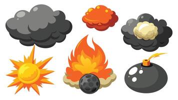 Bomb explosion. Cartoon dynamite explosions effect fire and explosive clouds. Destruction bombs flame. Comic danger boom clouds for digital game. Best set vector