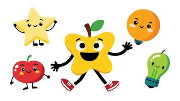 Cartoon abstract stickers. Retro comic character with facial expressions legs and glows. Running star walking happy apple cheerful bulb with face. collection set. vector