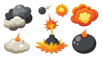 Bomb explosion. Cartoon dynamite explosions effect fire and explosive clouds. Destruction bombs flame. Comic danger boom clouds for digital game.Best collection set vector