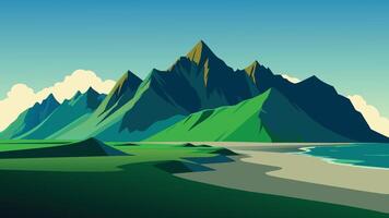 Impressive summer view of green dunes on the Stokksnes headland with Vestrahorn mountain on background flat illustration vector