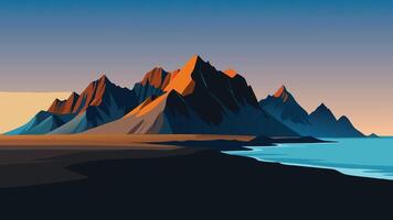 View from flying drone of Stokksnes cape with Vestrahorn on background. Panoramic morning view of black sand dunes with grass on the top flat illustration vector