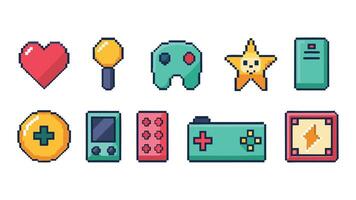 Pixel game icon arcade UI button digital console 8 bit interface pixels heart bomb star menu buttons controller item vector
