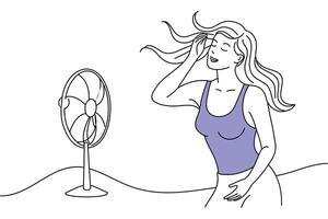 Sweating girl cooling herself with fan illustration and decorative element for summer and hot weather, continuous line art illustration on white background vector