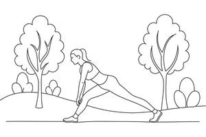 Single line drawing of woman taking deep breaths, refreshing, and stretching in the park continuous line draw design graphic illustration vector