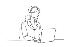 Woman working in call center continuous line draw design graphic illustration vector
