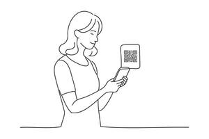 The woman is checking the QR code on her cellphone. Hand drawn style design illustrations vector
