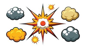 Radial explosive effect. Cartoon comic circle burst bomb explosion game VFX elements round steam cloud energy explosions speed bang power set vector