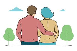 Back view of beautiful senior couple hugging and looking outdoors, colorful continuous line art illustration vector