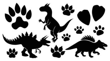 Dinosaur footprint. Black dino silhouette fossil paw print. Monster reptile footsteps. Paleontology fossil footprints. Tyrannosaurus set. vector
