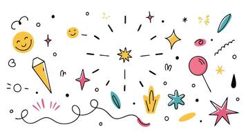 Doodle line sparkles and rays. Hand drawn explosion lines confetti sun burst decorative effect surprise elements. vector