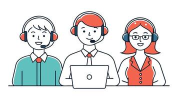 Customer service Call center hotline operators with headsets. Online technical support 24 h. Doodle simple hand brush illustration vector
