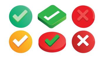 Right and wrong 3D buttons. Tick cross red and green glossy round and square checklist icons. Check mark acceptance X rejection button. 3d realistic set vector